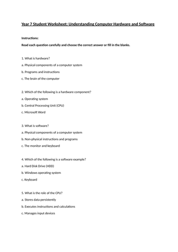 Year 7 Student Worksheet: Understanding Computer Hardware and Software