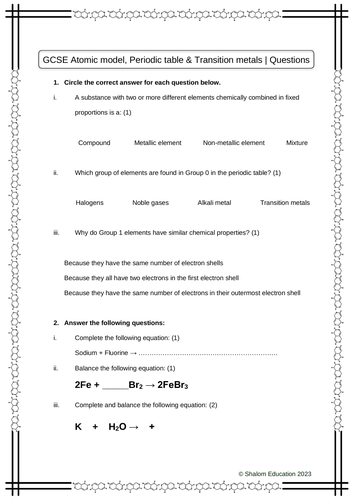 GCSE Chemistry - Atomic model, Periodic table & Transition metals Practice Questions 1