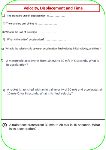 Velocity, Displacement, Acceleration and Time