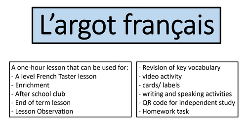 French Taster Lesson- L'Argot- A Level