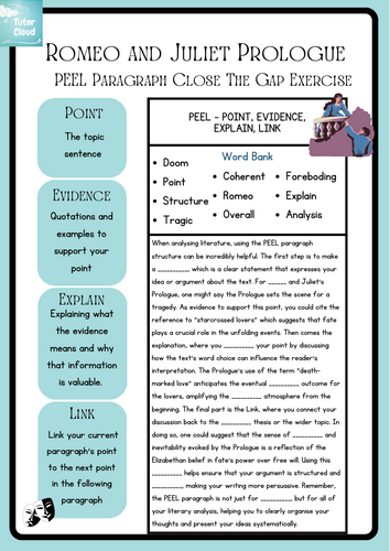 Romeo and Juliet Close the Gap Exercise - Prologue - PEEL Paragraphs ...