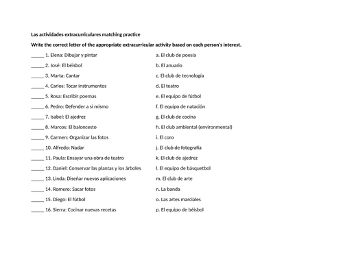 Las actividades extracurriculares matching practice