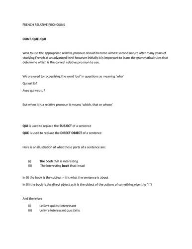 A LEVEL FRENCH; the relative pronouns QUE, QUI and DONT