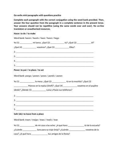 Go verbs mini paragraphs with questions practice