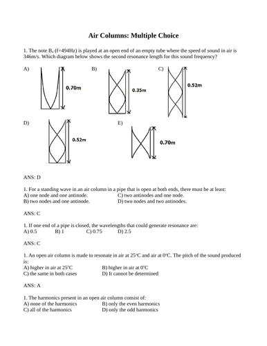 OPEN AIR COLUMNS & CLOSED AIR COLUMNS Multiple Choice Grade 11 Physics WITH ANSWERS (7PG)