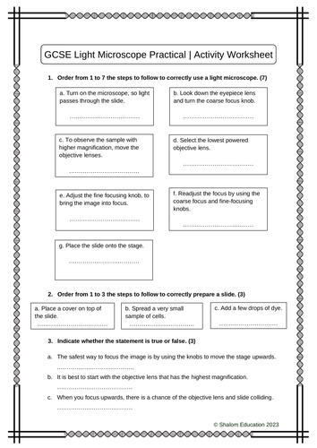 GCSE Biology - Required Practical - Using a light Microscope Activity Worksheet