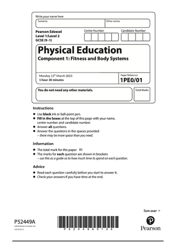 GCSE PE Mock Exam - skeletal, cardiovascular, muscular and respiratory