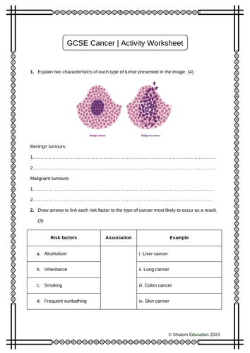 GCSE Biology - Cancer Activity Worksheet