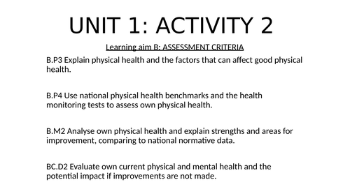 Unit 1 - Health, Well-being & Sport-  Activity 2 - Learning aim B & C