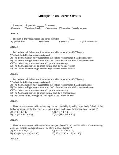 SERIES CIRCUITS and PARALLEL CIRUITS Multiple Choice Grade 11 Physics ...
