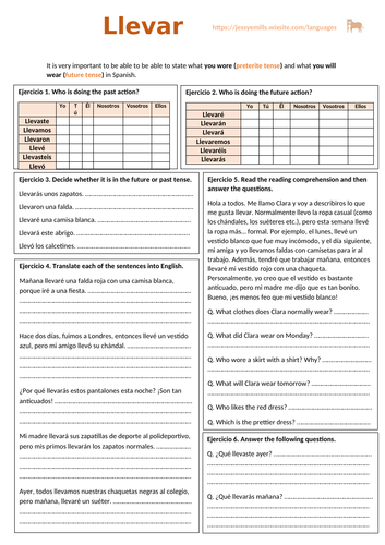Spanish Worksheet - Verb "Llevar"