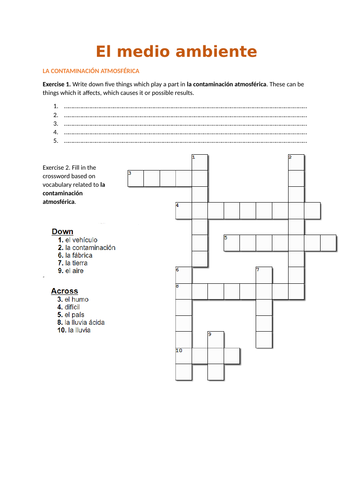 Spanish Worksheet - Environment