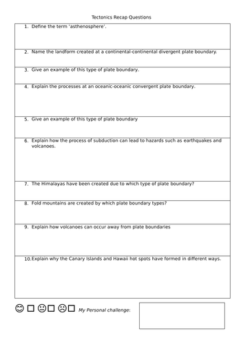 Knowledge retrieval quizzes/ activities x9 and ANSWERS Tectonics Edexcel A level Starter activities