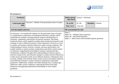 Unit plan for IB - DP chemistry- Structure 1 - Models of Particulate nature of matter.