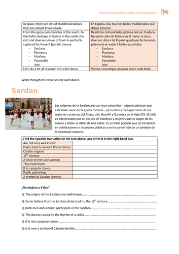 Spanish Worksheet - Dance