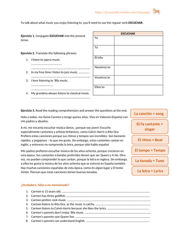 Spanish Worksheet - Verb "Escuchar"