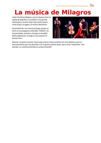 Spanish Reading Comprehension - Music