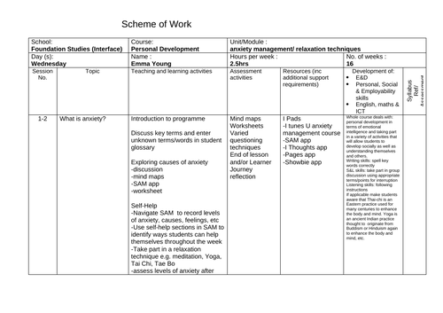 Anxiety management scheme of work