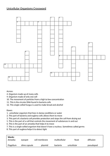 Unicellular Organisms Crossword Teaching Resources