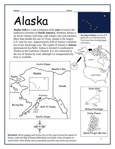 ALASKA - Introductory Printable Worksheet with Simple Map