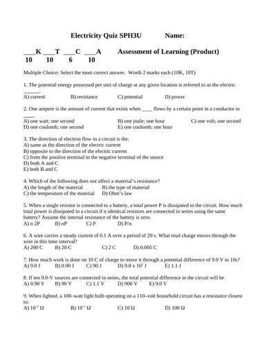 ELECTRICITY QUIZ SPH3U Voltage Current Power Grade 11 Physics WITH ANSWERS #11