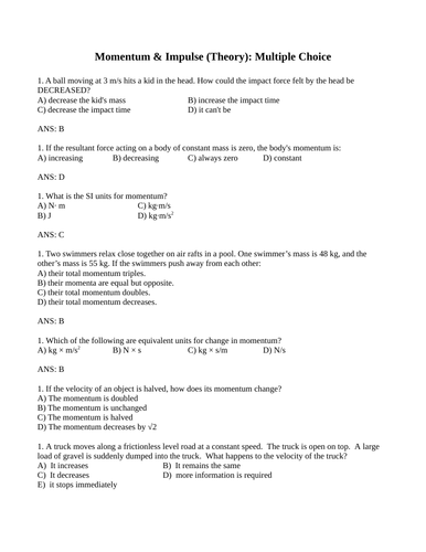 MOMENTUM, IMPULSE & Change in Momentum Physics Multiple Choice WITH ANSWERS (16PG)