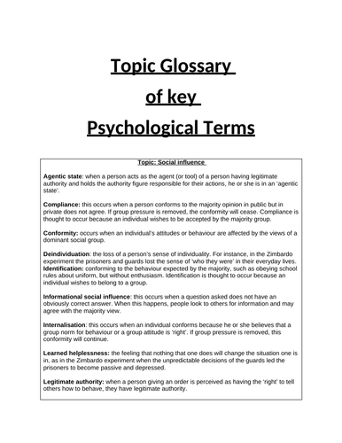 AQA A-level Psychology Glossary of key terms for each topic. | Teaching ...