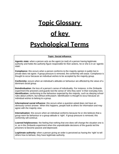 AQA A-level Psychology Glossary of key terms for each topic.