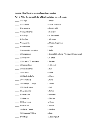 La ropa: Matching and personal questions practice