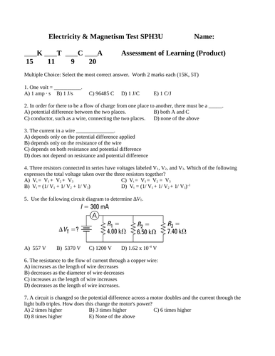 MAGNETISM and ELECTRICITY TEST Grade 11 Physics Test SPH3U WITH ANSWERS ...