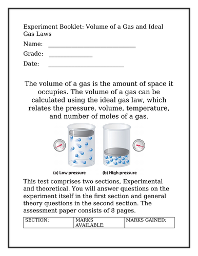 EXPERIMENT BOOKLET VOLUME OF GASES AND IDEAL GAS LAW