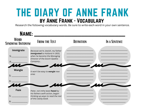 The Diary of Anne Frank Vocabulary Packet