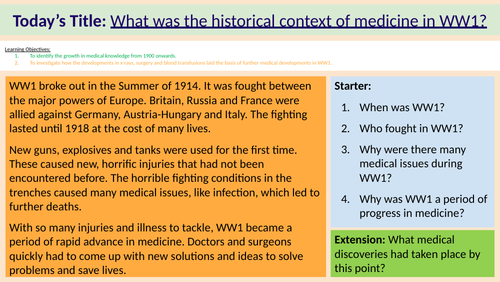 BUNDLE - WW1 MEDICINE (6 lessons + revision booklet) MTT GCSE History Edexcel