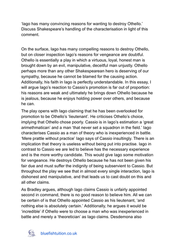 A Level Literature Cambridge essay: Iago's reasons for destroying Othello