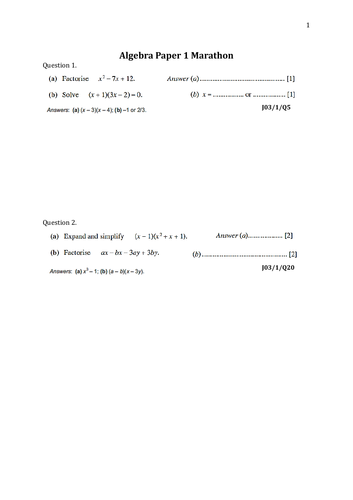 Algebra Worksheet (No Calculator) - O level Mathematics - Mathematics