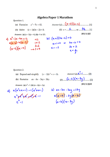 Algebra Worksheet (No Calculator) - O level Mathematics - Mathematics (Solved)