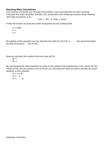 KS5 chemistry reacting masses worksheet