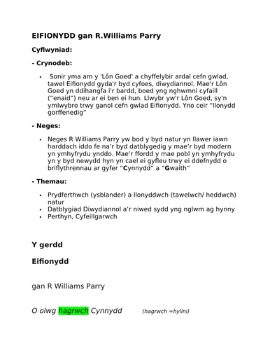 Cerddi Gosod TGAU CBAC gwerthfawrogiad o'r gerdd "Eifionydd" gan R. Williams Parry