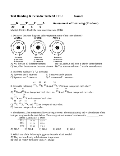 PERIODIC TABLE and BONDING UNIT TEST Grade 11 Chemistry WITH ANSWERS SCH3U #13