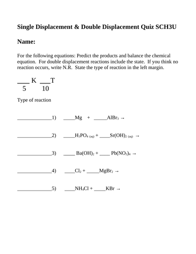 DOUBLE DISPLACEMENT and SINGLE DISPLACEMENT Chemistry Quiz WITH ANSWERS #13