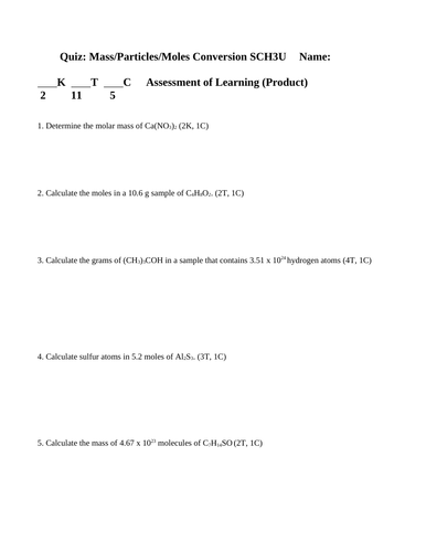 MASS, MOLECULE, MOLE CONVERSION QUIZ Grade 11 Chemistry Quiz SCH3U W ANSWERS #13