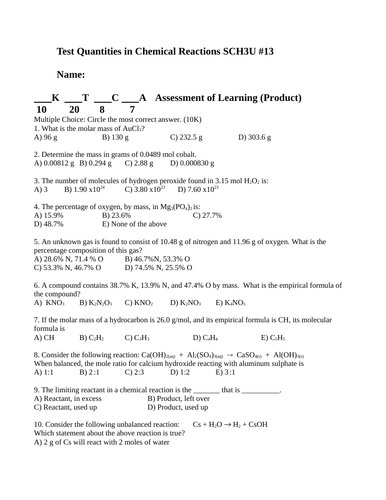 CHEMISTRY TEST Stoichiometry, % Composition, Moles Test SCH3U WITH ANSWERS #13