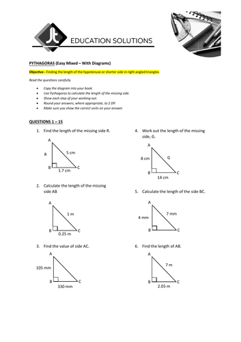 PYTHAGORAS - Finding the length of the hypotenuse or shorter sides.