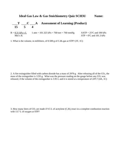 IDEAL GAS LAW & GAS STOICHIOMETRY QUIZ Grade 11 Chemistry Quiz WITH ANSWERS #14