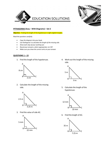 PYTHAGORAS - Finding the length of the hypotenuse - SET 2