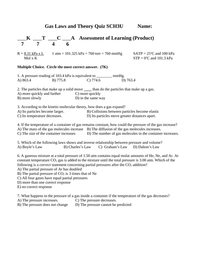 CHEMISTRY GAS LAWS QUIZ Grade 11 Chemistry Quiz SCH3U WITH ANSWERS #13