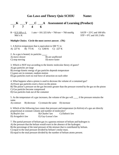 GAS LAWS CHEMISTRY QUIZ SCH3U Grade 11 Chemistry Quiz WITH ANSWERS #14