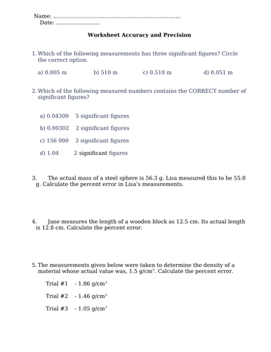 Accuracy and Precision Worksheet