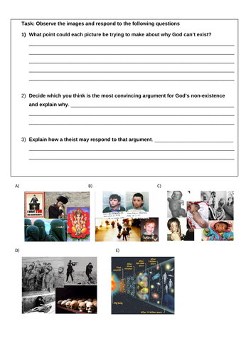 Arguments against the existence of God worksheet KS3