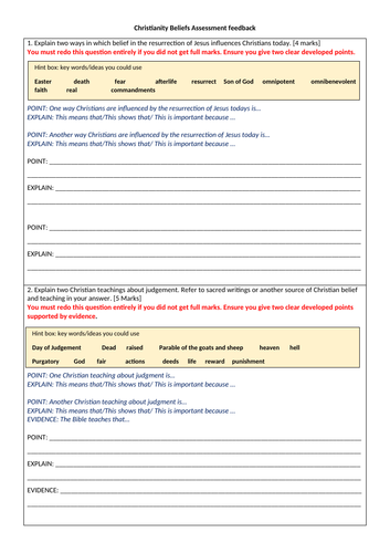 GCSE Christianity beliefs assessment feedback worksheet